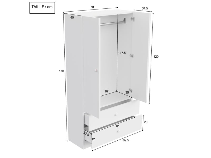  Armoire penderie avec 2 tiroirs 70 x 40 x 170 cm  - Conforama C