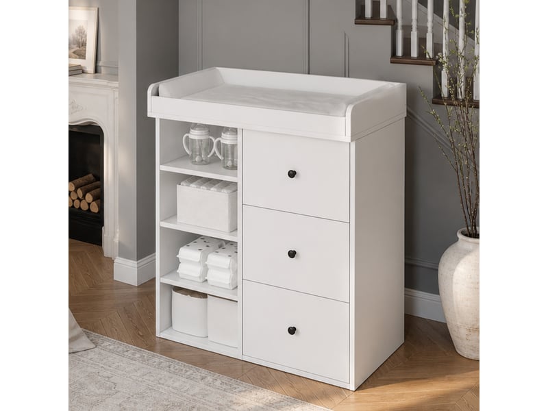  Commode à langer - 82 x 50 x 100 cm - commode à langer avec plan à langer, 3 tiroirs et étagères ouvertes - blanc  - Conforama B