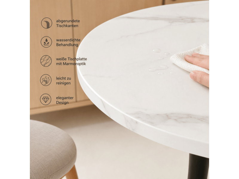  Table ronde moderne 80 cm - 2-4 pers, marbre blanc effet bois, piédestal noir - cuisinesalle à mangerbureau  - Conforama E