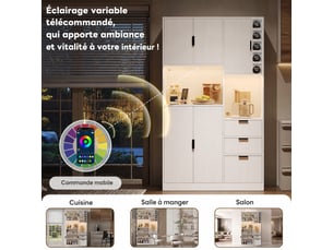 Buffet de cuisine blanc 180 cm avec led, prises, usb-c, 3 tiroirs, étagères réglables