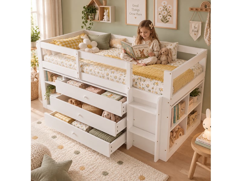  Lit enfant 90 × 200 cm mi-hauteur avec 3 tiroirs, 3 niches et étagère à 4 compartiments, protection en acrylique  - Conforama B
