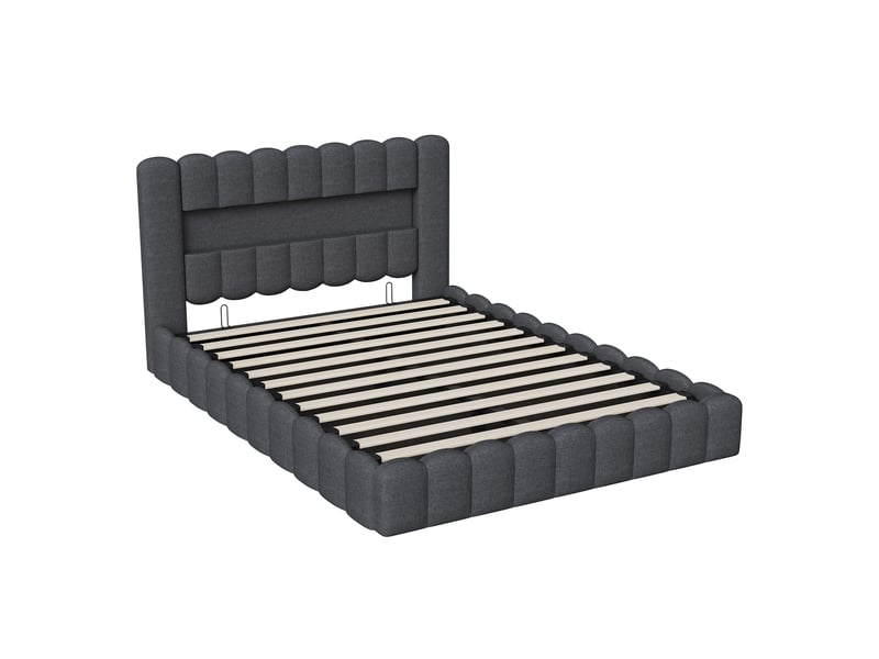  Lit coffre capitonné 160x200 cm, lit 2 places avec sommier, led et usb, rangement et tête de lit, lit adulte en lin, gris  - Conforama R