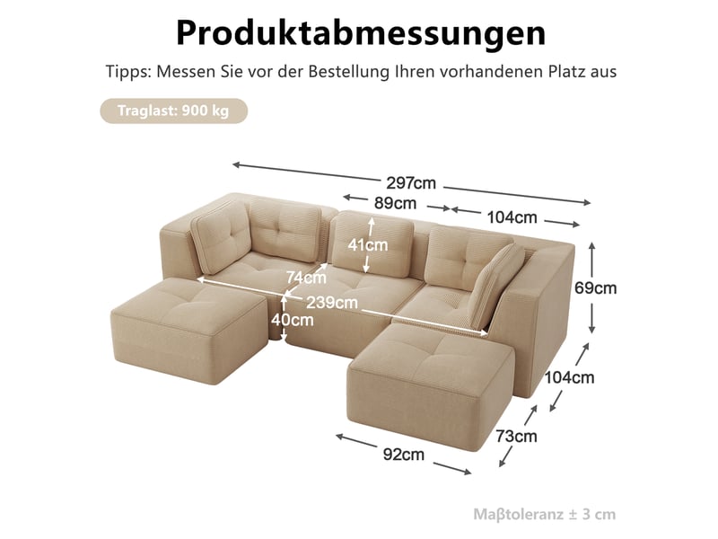  Canapé d'angle u modulable 3 places en velours côtelé beige, assise profonde et confort enveloppant au salon  - Conforama C