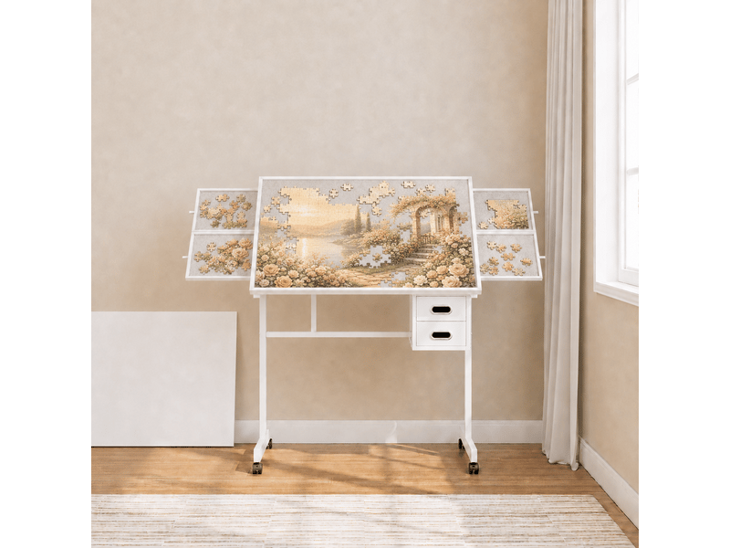 Table de puzzle 1000 pièces avec 4 plateaux, 2 tiroirs et roulettes, blanche - Conforama E