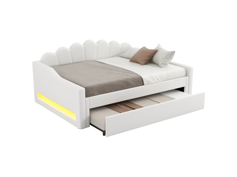  Lit d'appoint 140x200 cm rembourré, éclairage led, couchage gigogne, coloris beige, structure stable en bois  - Conforama A