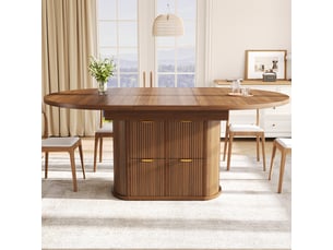 Table à manger extensible 118158 x 118 x 76,8 cm, 4 à 6 personnes, 2 tiroirs, rangements rabattables, relief vertical, poignées métal, brun foncé