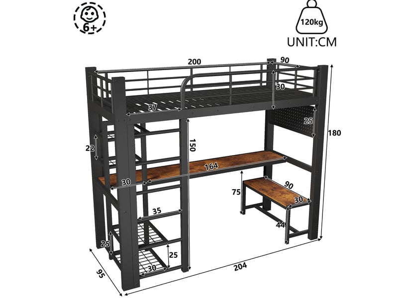  Lit mezzanine 90x200 cm avec bureau, led et rangements noir  - Conforama C
