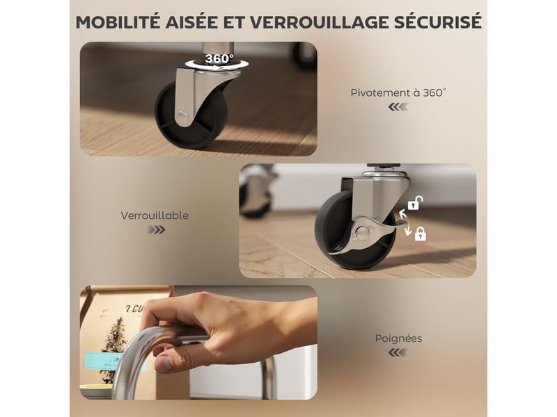  Desserte cuisine, chariot de service à 4 niveaux en acier inoxydable 201 avec poignées, roues, argenté, 60 x 35 x 100 cm  - Conforama R