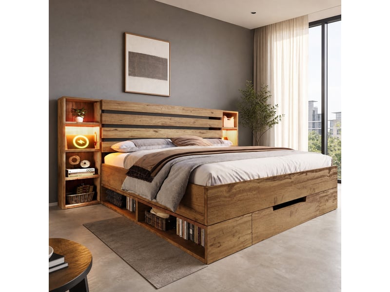  Lit double avec rangements 160 x 200 cm chêne, led, usb et type-c  - Conforama B