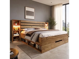 Lit double avec rangements 160 x 200 cm chêne, led, usb et type-c