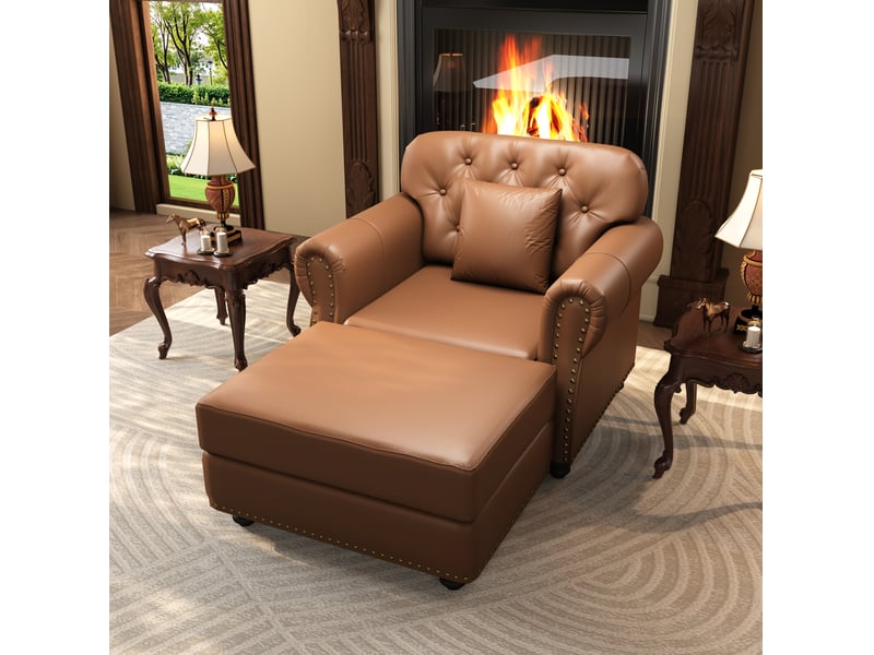 Fauteuil chesterfield en simili cuir avec repose-pieds marron evryae - Conforama B