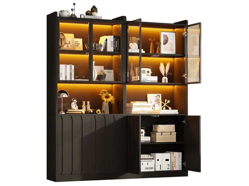  Vitrine led 160x35x200 cm avec portes en verre panneau de particules noir  - Conforama A