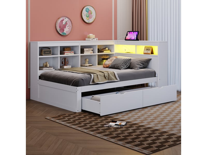  Lit banquette enfant 90 x 200 cm avec led, usb, tiroirs et rangements, bois, blanc Fay Lum - Conforama E