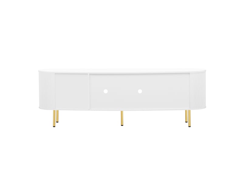  Meuble tv avec portes en verre, poignées et pieds dorés, bords arrondis, blanc et or, 170 x 35 x 55 cm  - Conforama E