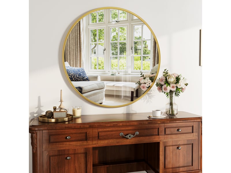 Miroir mural 75x75 cm, cadre en aluminium, forme circulaire, lignes épurées, pour salle de bain ou séjour,doré - Conforama D