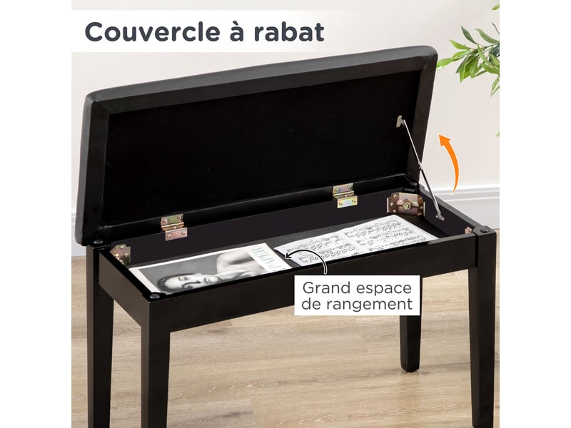  Banc pour piano avec assise rembourrée pieds en bois massif synthétique revêtement 75 x 35 x 49 noir  - Conforama R