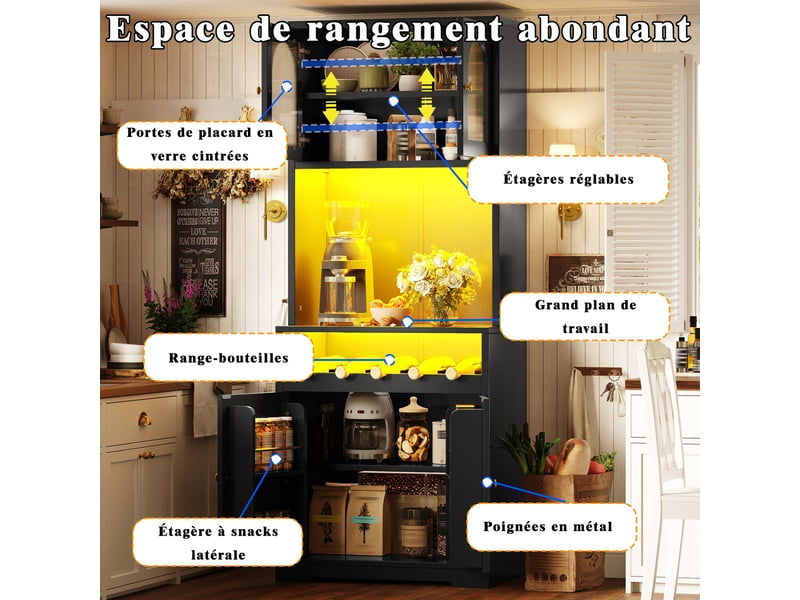  Lot de 2 buffets hauts 140 x 38,3 x 180 cm avec led rgb, portes vitrées, casier à vin et étagères réglables, noir  - Conforama D