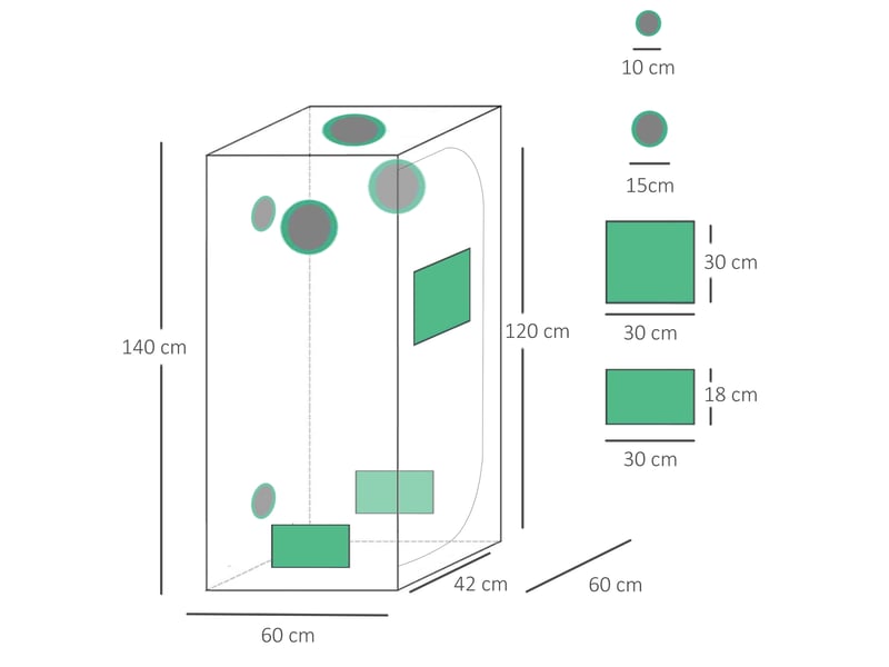 Tente culture hydroponique oxford 600d, 3 aérationsfenêtre, passe-câbles, 60x60x140 cm, noire. - Conforama E