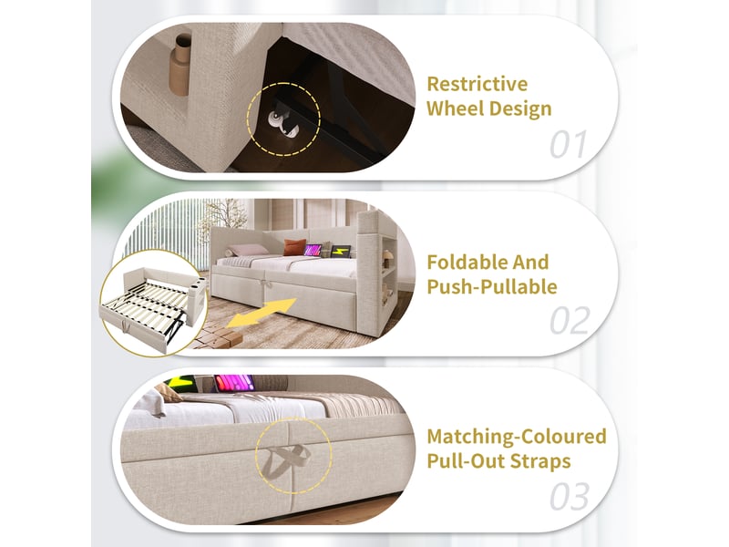 Lit banquette 90x200 cm, canapé-lit avec lit gigogne extensible, accoudoirs avec ports usb & type-c pour chambre d'amis, tissu lin beige - Conforama E