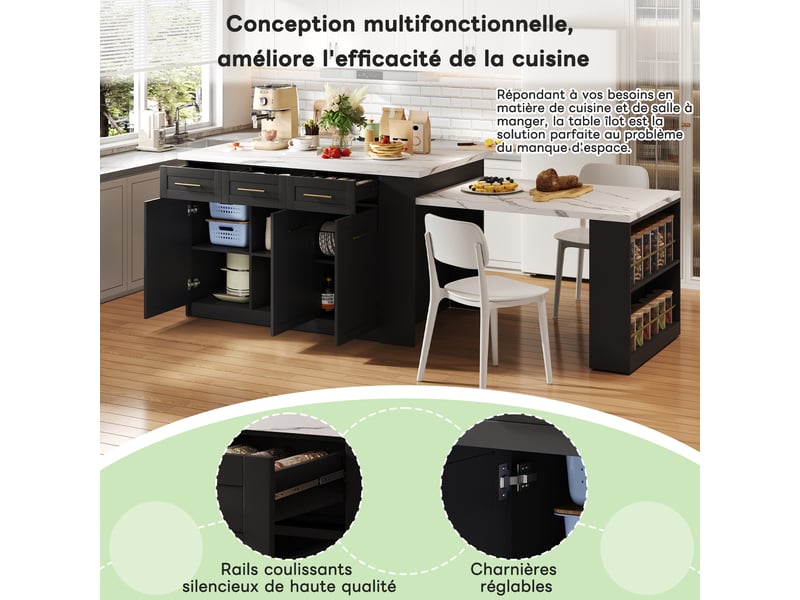  Table bar pivotante 360° haute meuble bar comptoir rangement îlot cuisine 3 portes 3 tiroirs et étagères cloisons réglables  - Conforama E