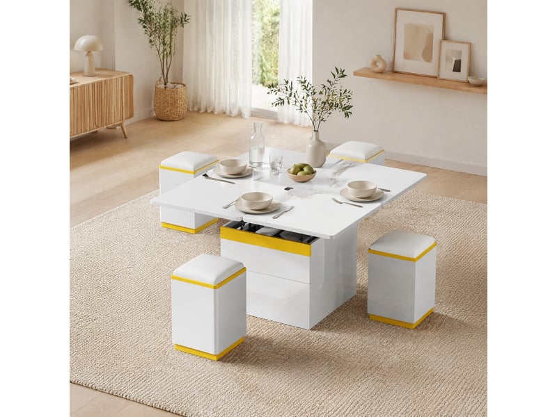  Table basse relevable et dépliante avec 4 tabourets de rangement, blanche et jaune  - Conforama C
