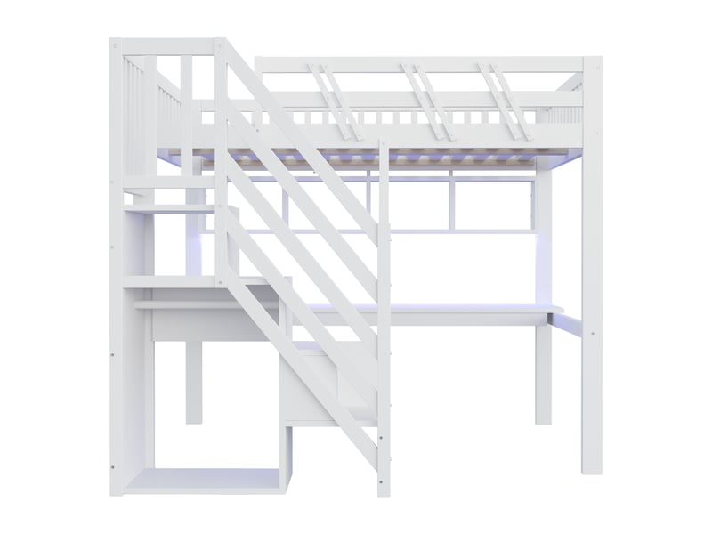  Lit mezzanine en bois massif blanc 140x200 cm, bureau, escalier rangement, usb et éclairage led  - Conforama E