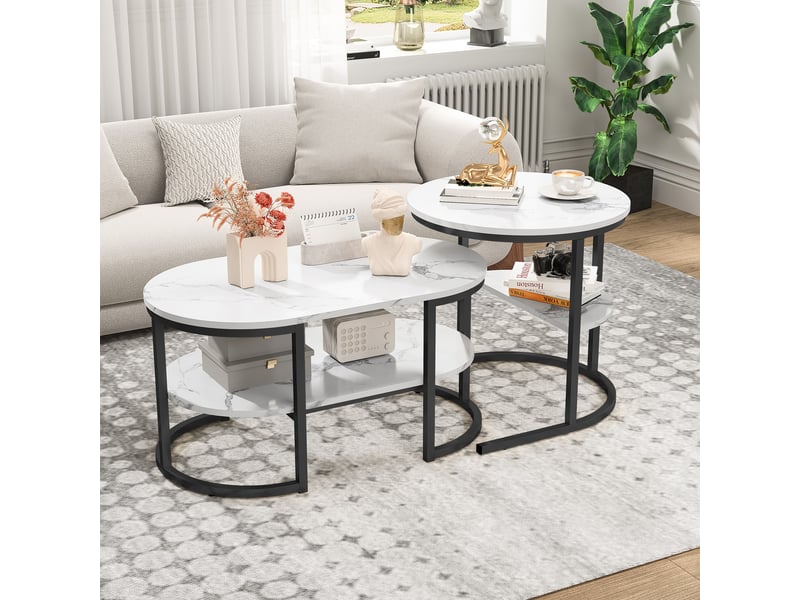  Lot de 2 tables basses gigognes ovale et ronde - 80 x 46 x 41 cm-noir - table de salon avec effet marbre et étagère de rangement  - Conforama C