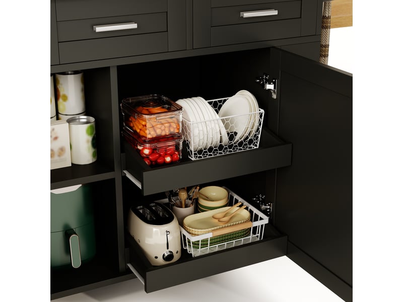 Îlot de cuisine mobile bois naturel et noir en mdf, plateau rabattable, 3 tiroirs, prise intégrée, 120 × 45 (70) × 84 cm - Conforama C
