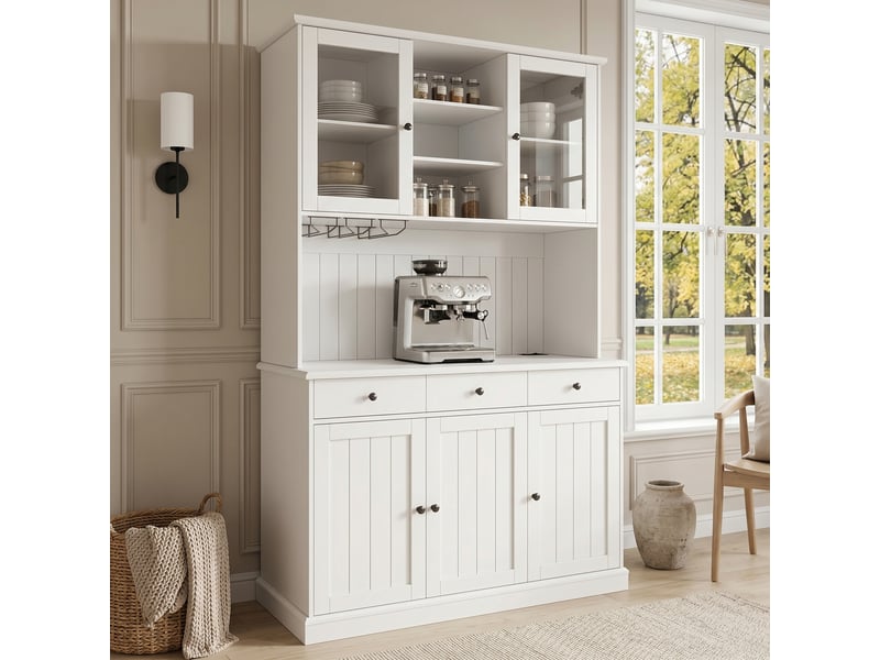 Armoire de cuisine salle à manger 120cm avec portes en verre et prises usb, armoire de rangement cuisine, vaisselier moderne blanc et noir - Conforama E