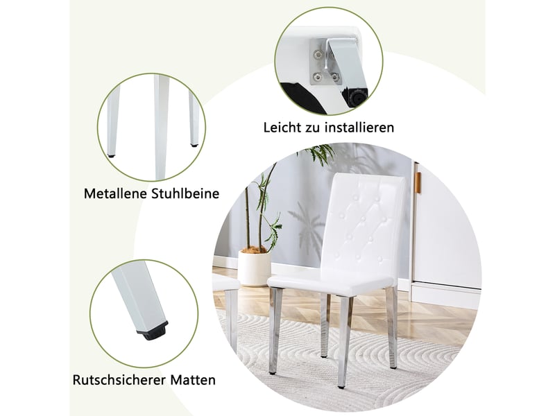  Chaise de salle à manger lot de 4, dossier capitonné  - assise rembourrée, pu blanc et métal argenté  - Conforama E