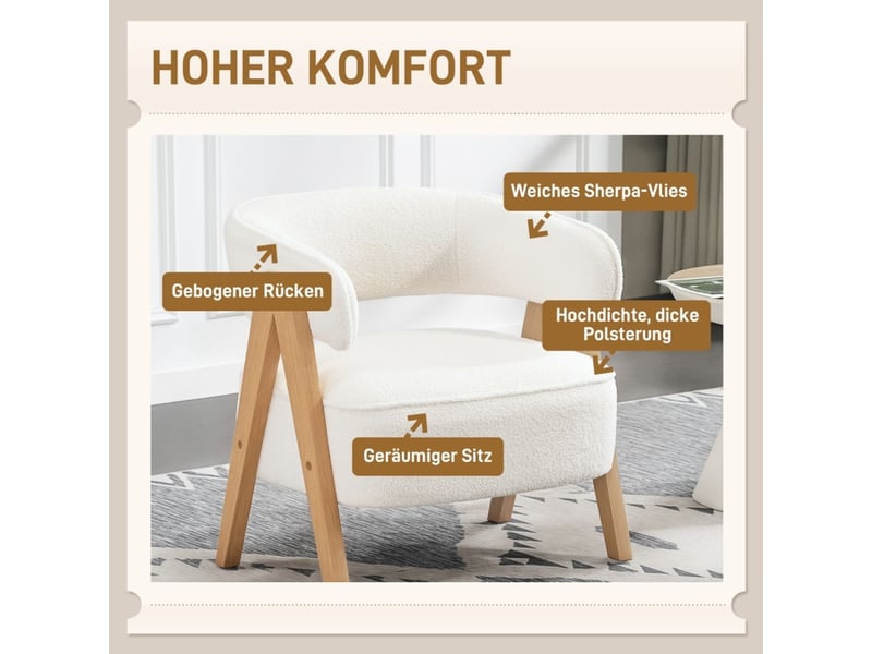 Chaise fauteuil rembourré revêtement en polaire chaise d'accent accoudoirs piètement en bois cadre métal coloris blanc - Conforama C