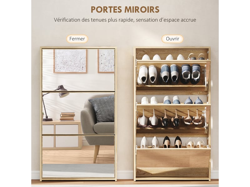  Meuble à chaussures 3 tiroirs à miroirs pour 9 paires coloris naturel 65x17x114,5 cm  - Conforama E