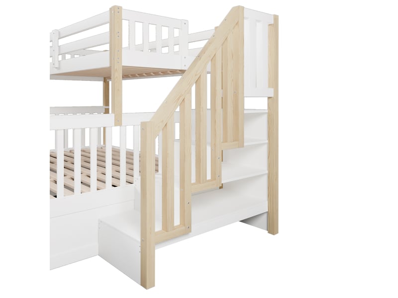  Lit superposé blanc en bois naturel – échelle, rangement et vérins hydrauliques – 90x200 cm et 140x200 cm  - Conforama E