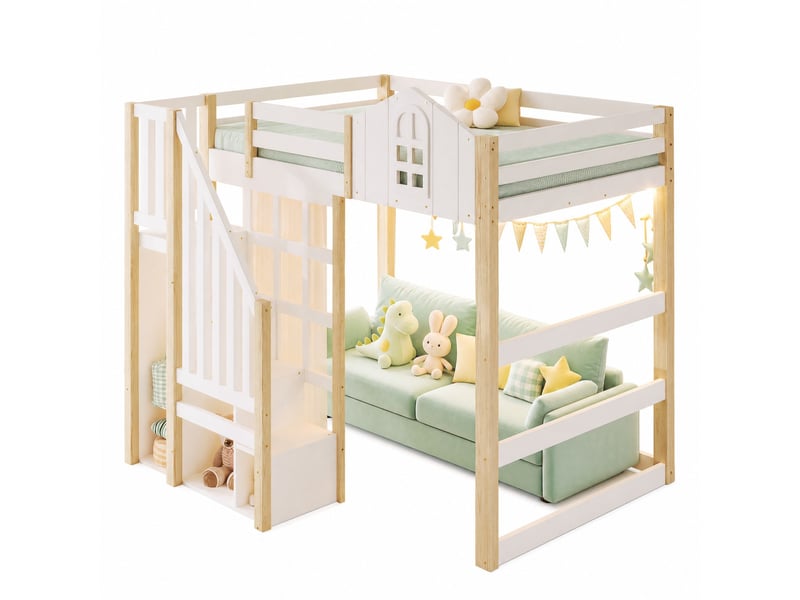  Lit mezzanine enfant 140x200 cm avec éclairage led, échelle de rangement, blanc et bois  - Conforama A