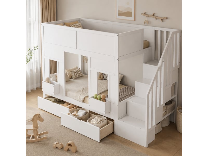  Lit mezzanine enfant,90x200 cm,avec escalier et rangements,mdf,blanc  - Conforama B