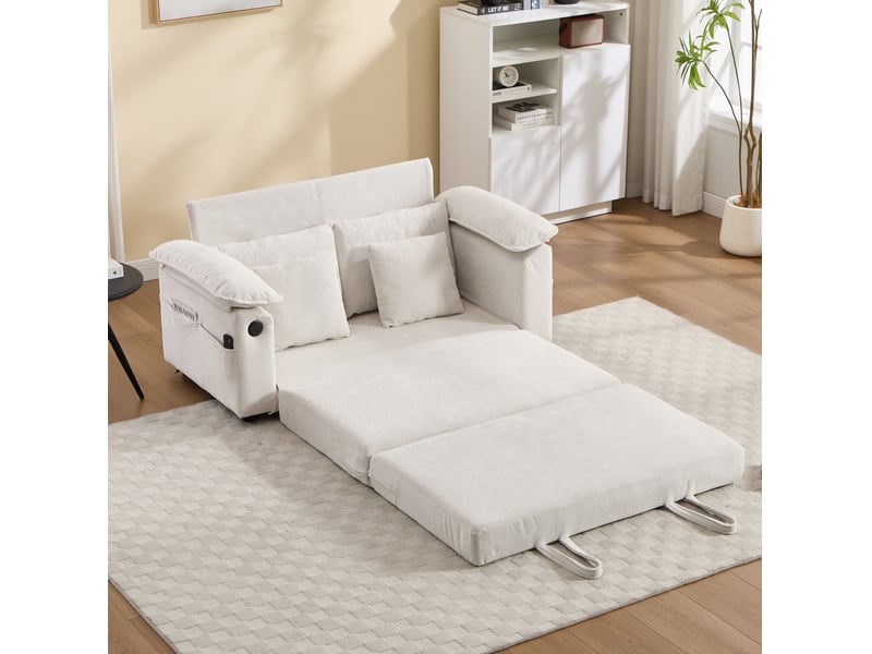 Canapé convertible pliant 2 places 3 en 1 avec poches latérales, fonction couchage en chenille blanc - Conforama B