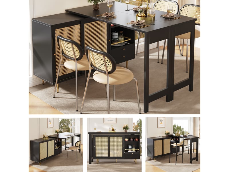  Table de bar extensible noire 107 × 40 × 71,4 cm, plateau pivotant 360°, longueur extensible, façades en rotin, niche ouverte  - Conforama B