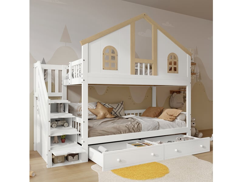 Lit superposé enfant 90x200 cm, escalier rangement, tiroirs, garde-corps, pin et mdf, blanc et naturel, sans matelas  - Conforama D