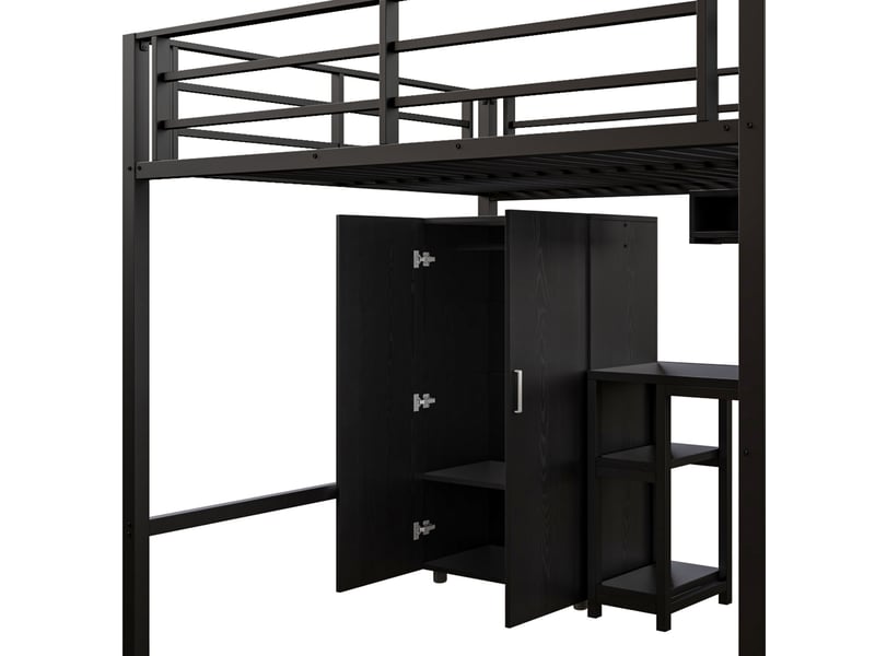  Lit mezzanine enfant 200×140 cm avec armoire, bureau, étagères et rangements dans l’escalier, sans matelas  - Conforama E