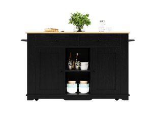 Îlot de cuisine noir avec prises électriques – plan de travail et rangements – meuble cuisine moderne