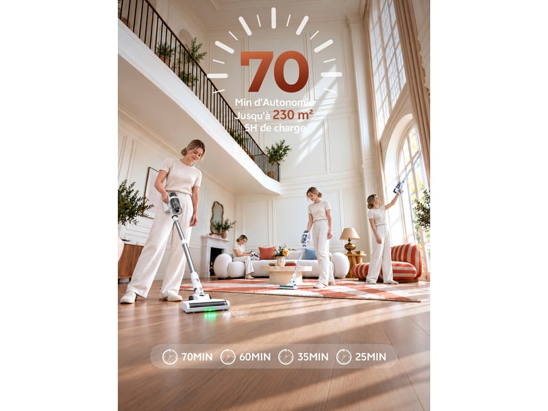 Vactidy blitz v18 - aspirateur balai sans fi-l70 kpa, 450 w, autonomie jusqu’à 70 min, bac 1 l, écran led, batterie amovible, tube télescopique, brosse anti-enchevêtrement autoportante avec éclairage vert - Conforama D