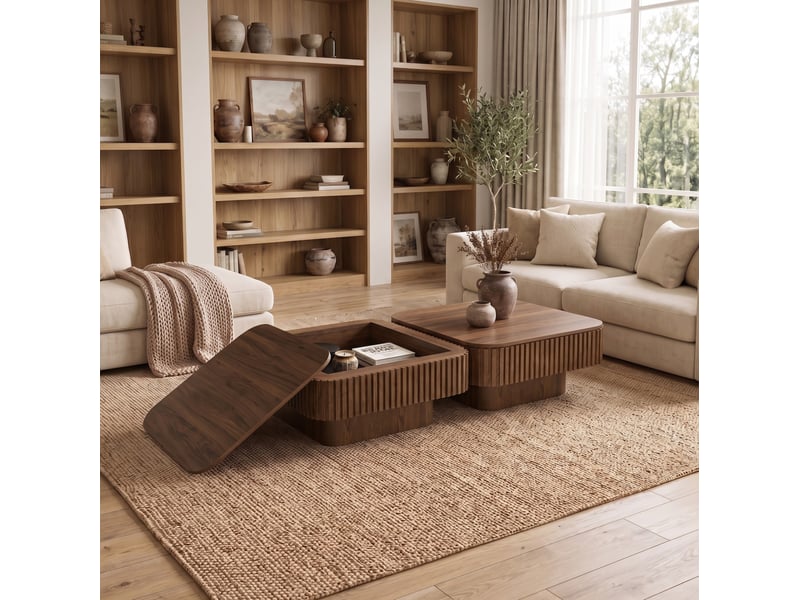Table basse carrée 75x75x35 cm coloris noyer avec rangement caché - Conforama D