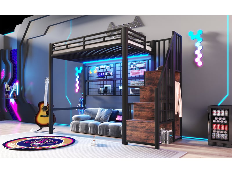  Lit mezzanine 90 × 200 cm, escalier de rangement, penderie ouverte, grille métallique arrière, led, métal et mdf, noir  - Conforama B