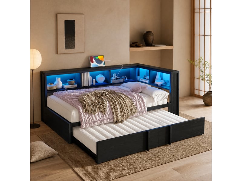  Lit banquette gigogne 90x200 cm, avec éclairage led, prises + usb, lit enfant, espace de rangement, lit 2 place, métal + mdf, noir sans matelas  - Conforama B