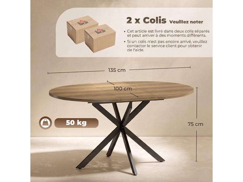  Table à manger extensible ovale pour 4 à 6 personnes, table de cuisine avec rallonge 100-135 cm, effet bois marron  - Conforama E