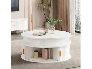 Table basse relevable ronde avec 2 portes à enroulement, led, rangement, pour salon, en mdf, blanche, 75 × 75 × 52 cm