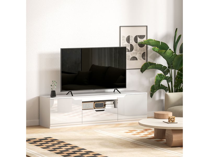  Meuble tv blanc 160 cm – rangements intégrés, compatible télé 65 pouces, design moderne  - Conforama E