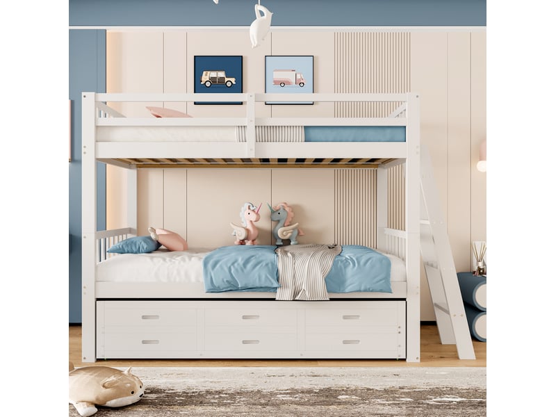  Lit superposé enfant 90x200 cm avec lit gigogne et 3 tiroirs blanc  - Conforama E