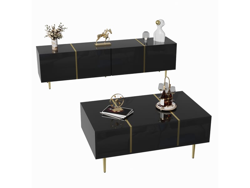  Ensemble meuble tv et table basse, 4 portes + 2 tiroirs, détails dorés, esprit minimaliste contemporain, laqué noir brillant  - Conforama A
