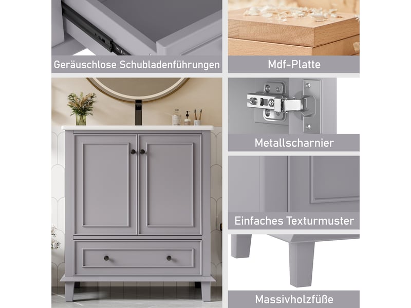  Meuble vasque sur pied gris, 76 x 46 x 87 cm, en mdf et céramique, avec pieds en bois massif et vasque intégrée  - Conforama E
